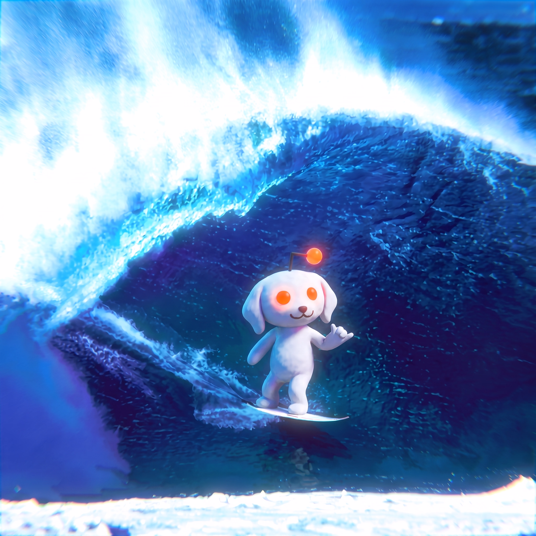 Snoofi surfs beneath a towering ocean wave