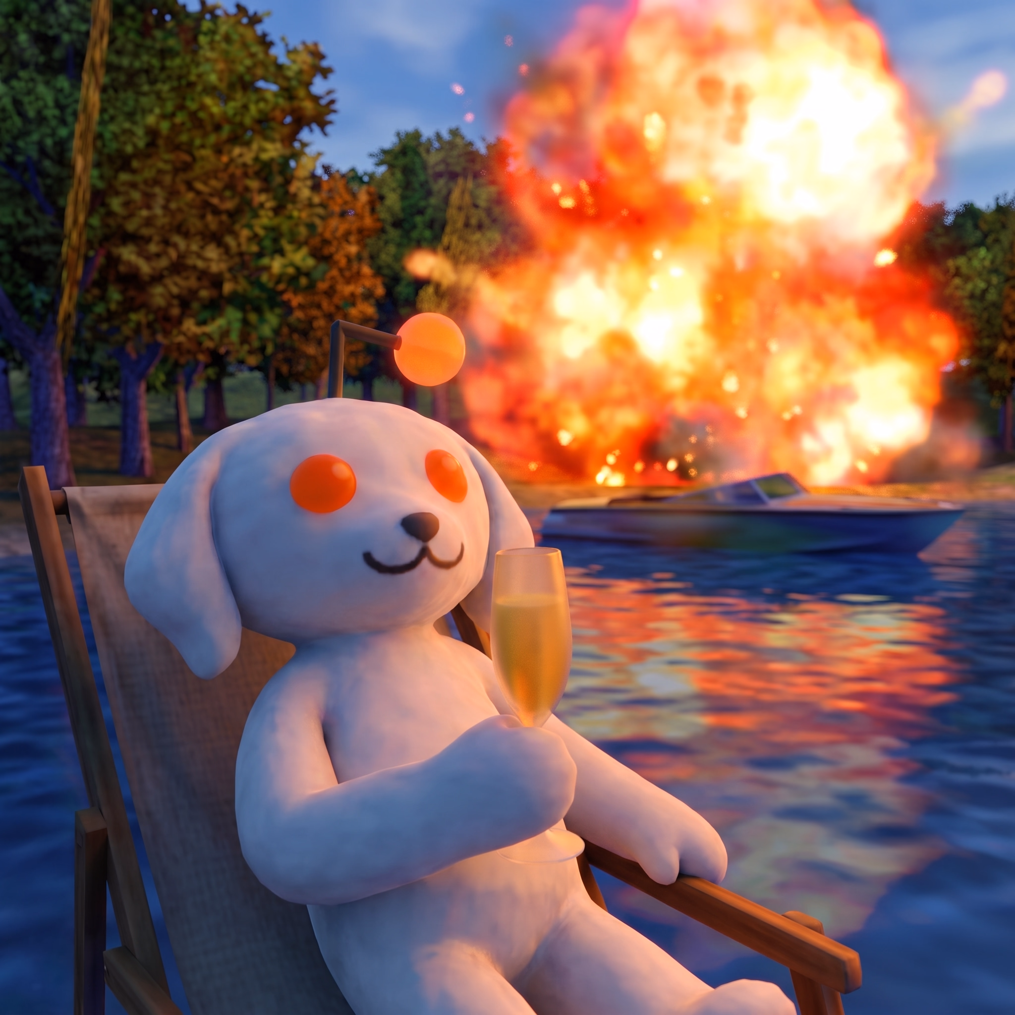 Snoofi relaxes by a pool as an explosion erupts
